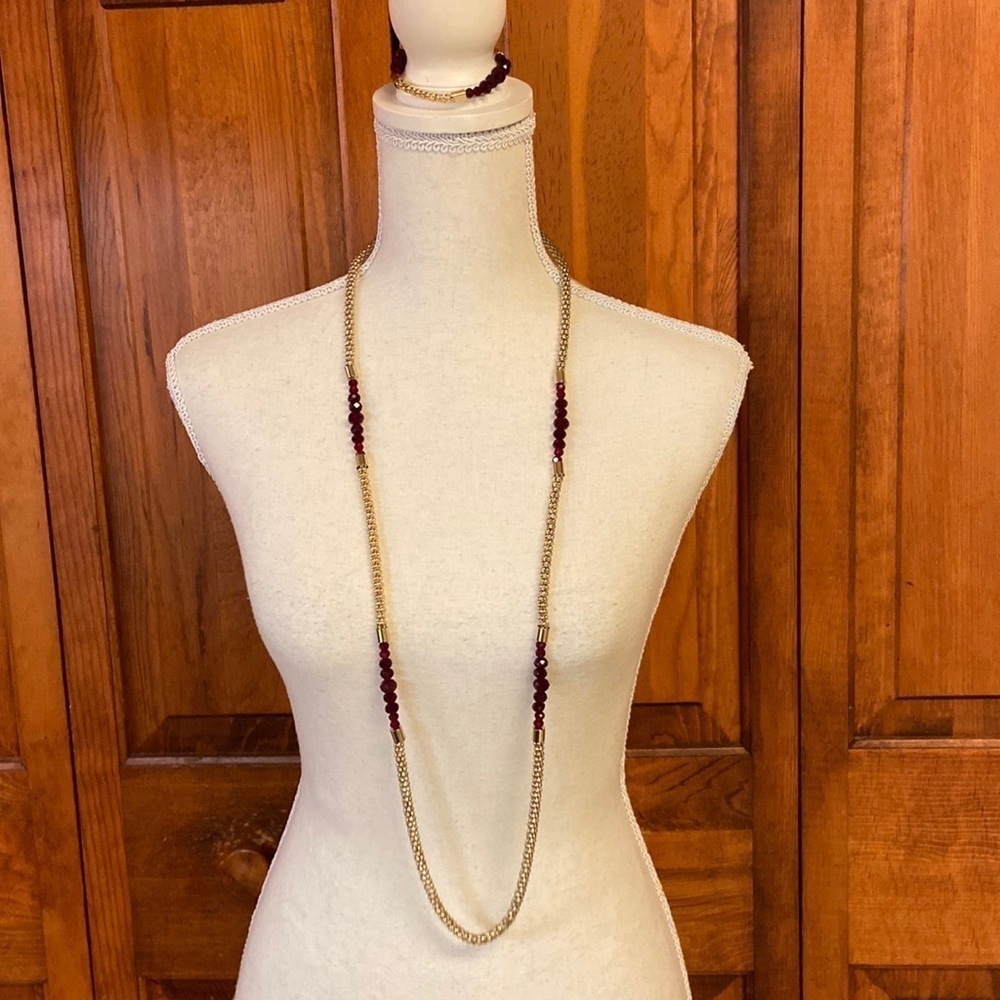 Jones New York Longline Gold Tone w/Garnet Toned Necklace & Bracelet Set